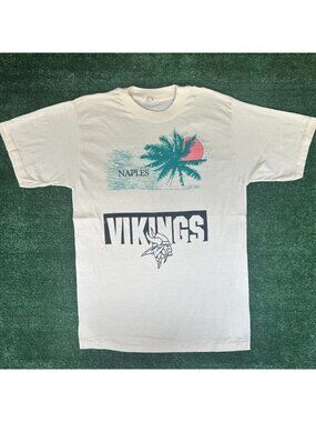 Vintage 80s Unique Test Print T-Shirt Cream Single Stitch Naples Florida Vikings